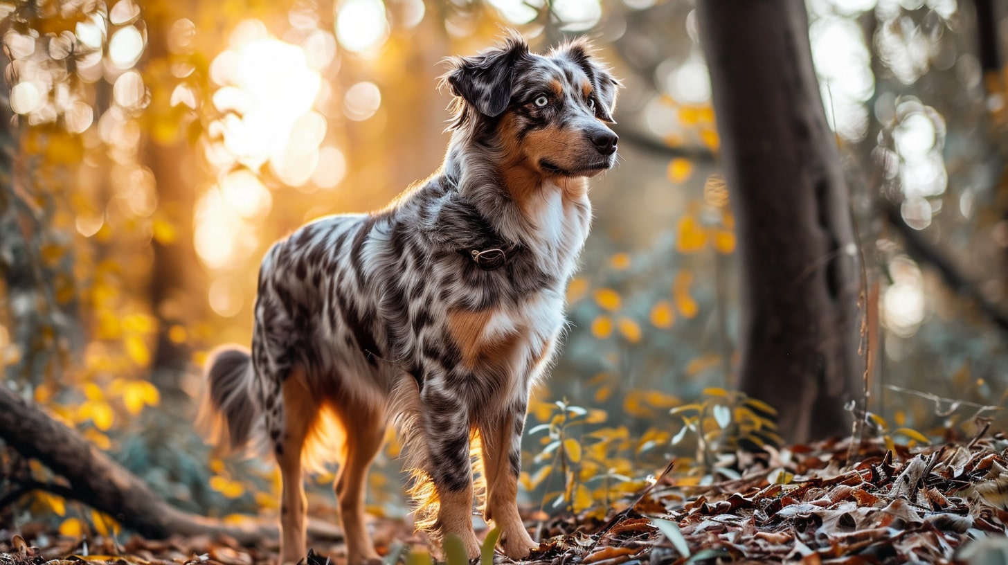  catahoula aussie mix  in the woods