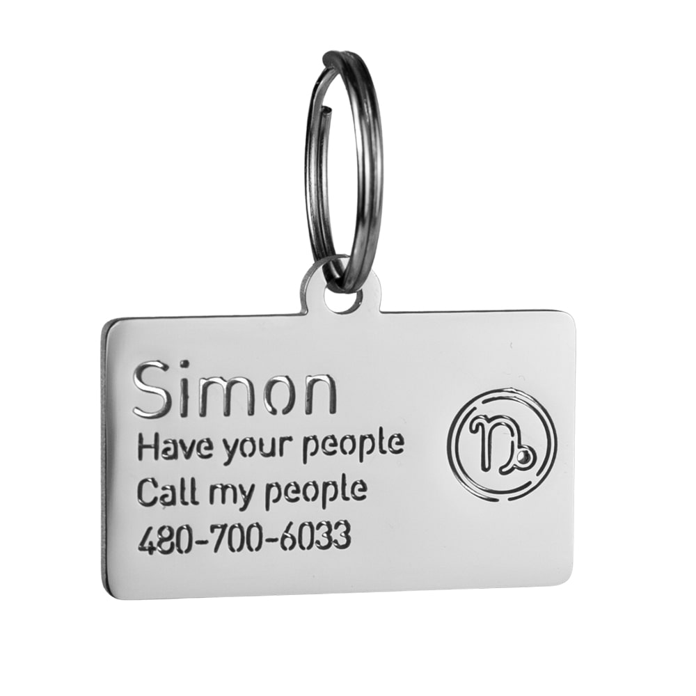 custom hollow laser-cut stainless steel capricorn zodiac dog ID tag with cut-through name lettering