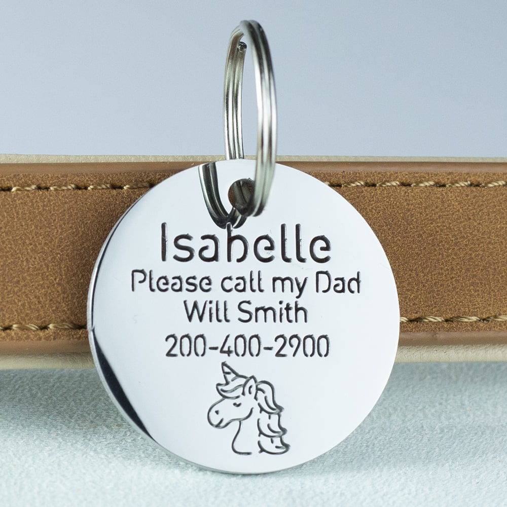 custom hollow laser-cut stainless steel round dog ID tag with unicorn icon with cut-through name lettering