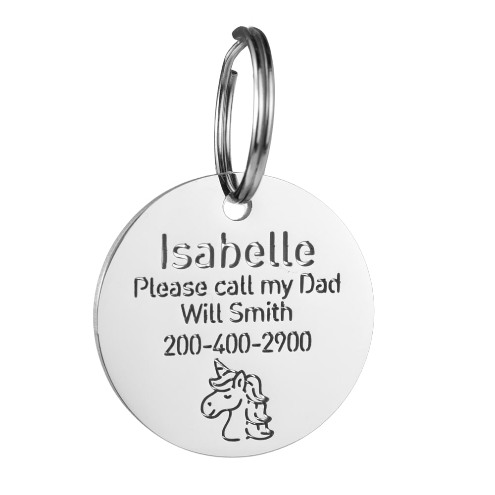 custom hollow laser-cut stainless steel round dog ID tag with unicorn icon with cut-through name lettering